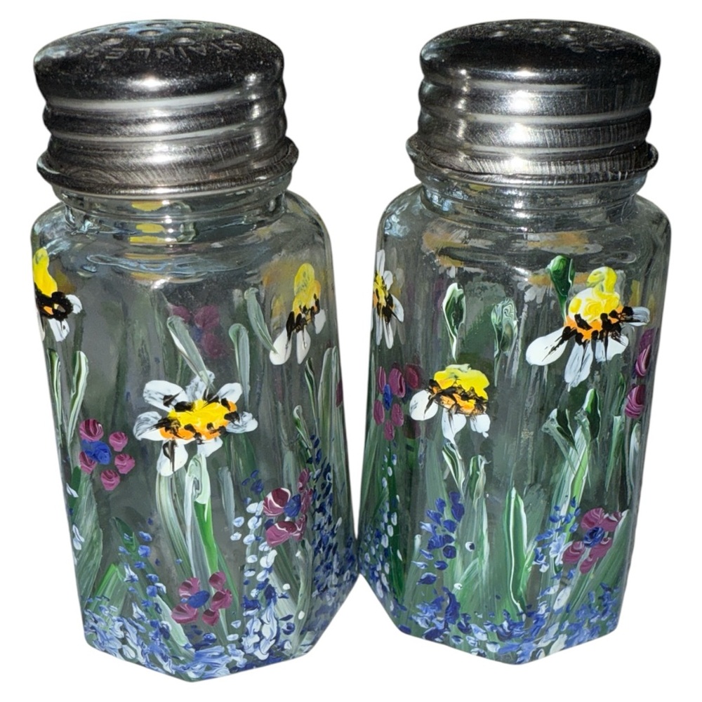 Vintage Hand‎ Painted Wildflower Salt Pepper Shakers Set Gemco USA Glass